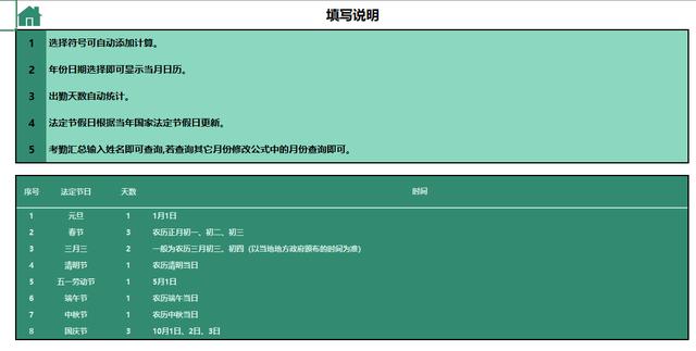 全自动Excel考勤管理系统，全函数应用，统计汇总一键操作